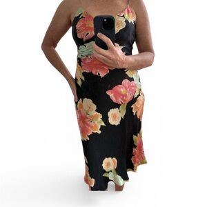 Jones New York Black Midi Shiny Silk Slip Dress Floral Print Sz 8